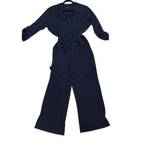 41 Hawthorn Women Elastic Waist Belted Button Front Wide Leg Jumpsuit SZ XL Navy